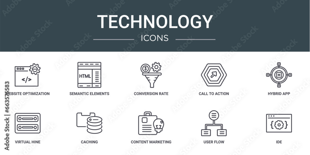 set of 10 outline web technology icons such as website optimization, semantic elements, conversion rate optimization, call to action, hybrid app, virtual hine, caching vector icons for report,