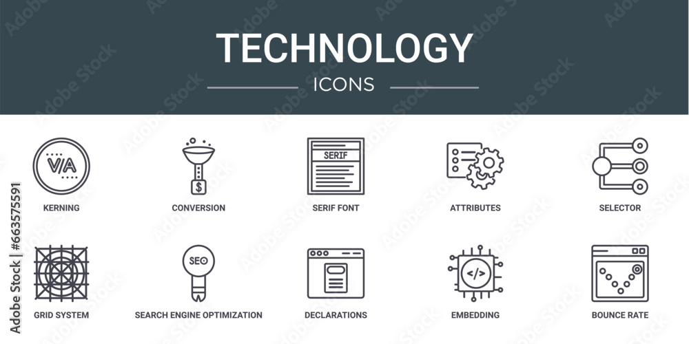 set of 10 outline web technology icons such as kerning, conversion, serif font, attributes, selector, grid system, search engine optimization vector icons for report, presentation, diagram, web