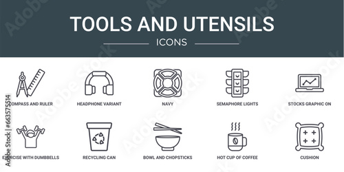 set of 10 outline web tools and utensils icons such as compass and ruler for mathematics, headphone variant, navy, semaphore lights, stocks graphic on laptop monitor, exercise with dumbbells,