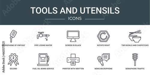 set of 10 outline web tools and utensils icons such as microphone of vintage de, pipe losing water, screen in black, rotate right, two bowls and chopsticks, second, fuel oil bomb service vector