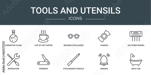 set of 10 outline web tools and utensils icons such as chemistry flask with liquid, cup of hot coffee, reading eyeglasses, candies, air conditioning, reparation, penknife vector icons for report,