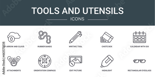 set of 10 outline web tools and utensils icons such as up arrow and cloud, rubber bands, writing tool, chote box, calendar with six days, attachments, orientation compass vector icons for report,