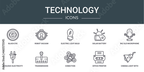set of 10 outline web technology icons such as black eye, robot vacuum, electric light bulb, solar battery, big old microphone, ecologic electricity, transmission vector icons for report,