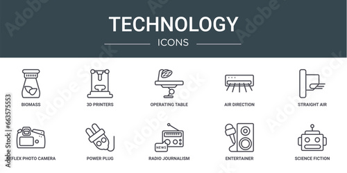 set of 10 outline web technology icons such as biomass, 3d printers, operating table, air direction, straight air, reflex photo camera, power plug vector icons for report, presentation, diagram, web