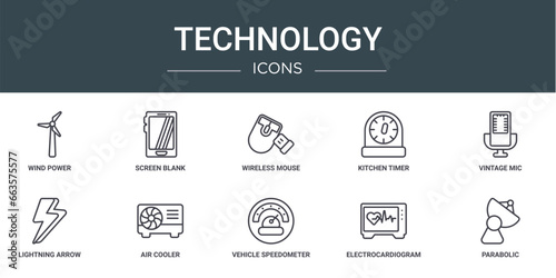 set of 10 outline web technology icons such as wind power, screen blank, wireless mouse, kitchen timer, vintage mic, lightning arrow, air cooler vector icons for report, presentation, diagram, web
