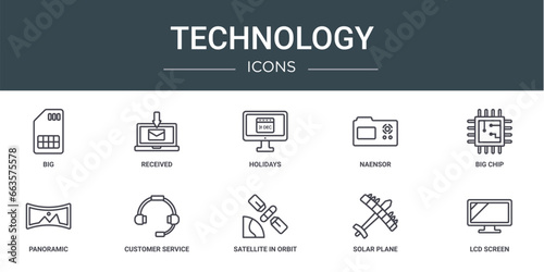 set of 10 outline web technology icons such as big, received, holidays, naensor, big chip, panoramic, customer service head vector icons for report, presentation, diagram, web design, mobile app