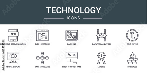 set of 10 outline web technology icons such as near field communication, type hierarchy, back end, data visualization, text editor, retina display, data modelling vector icons for report,