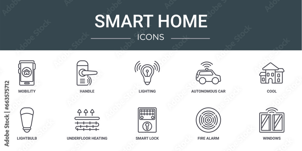 set of 10 outline web smart home icons such as mobility, handle, lighting, autonomous car, cool, lightbulb, underfloor heating vector icons for report, presentation, diagram, web design, mobile app