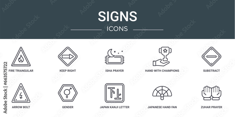 set of 10 outline web signs icons such as fire triangular, keep right, isha prayer, hand with champions cup, substract, arrow bolt, gender vector icons for report, presentation, diagram, web design,