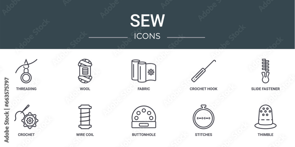 Φωτογραφία set of 10 outline web sew icons such as threading, wool, fabric, crochet hook, s