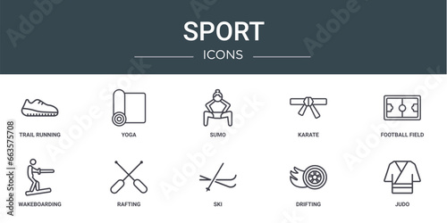 set of 10 outline web sport icons such as trail running, yoga, sumo, karate, football field, wakeboarding, rafting vector icons for report, presentation, diagram, web design, mobile app