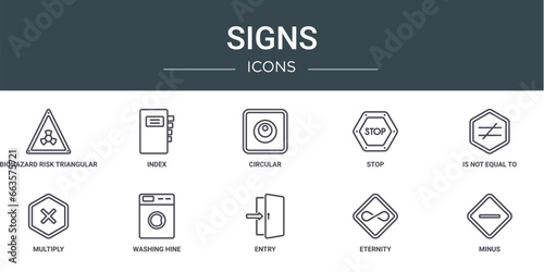 set of 10 outline web signs icons such as biohazard risk triangular, index, circular, stop, is not equal to, multiply, washing hine vector icons for report, presentation, diagram, web design, mobile