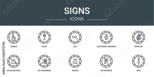 set of 10 outline web signs icons such as drinks, hoist, co2, lightning warning, weapon, no bleaching, no swimming vector icons for report, presentation, diagram, web design, mobile app