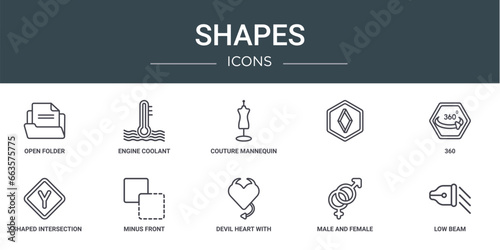 set of 10 outline web shapes icons such as open folder, engine coolant, couture mannequin, , 360, y shaped intersection, minus front vector icons for report, presentation, diagram, web design,