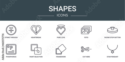 set of 10 outline web shapes icons such as strike through, heartbreak, pure love, foto, round stop button, phosphorus, paint selection vector icons for report, presentation, diagram, web design,