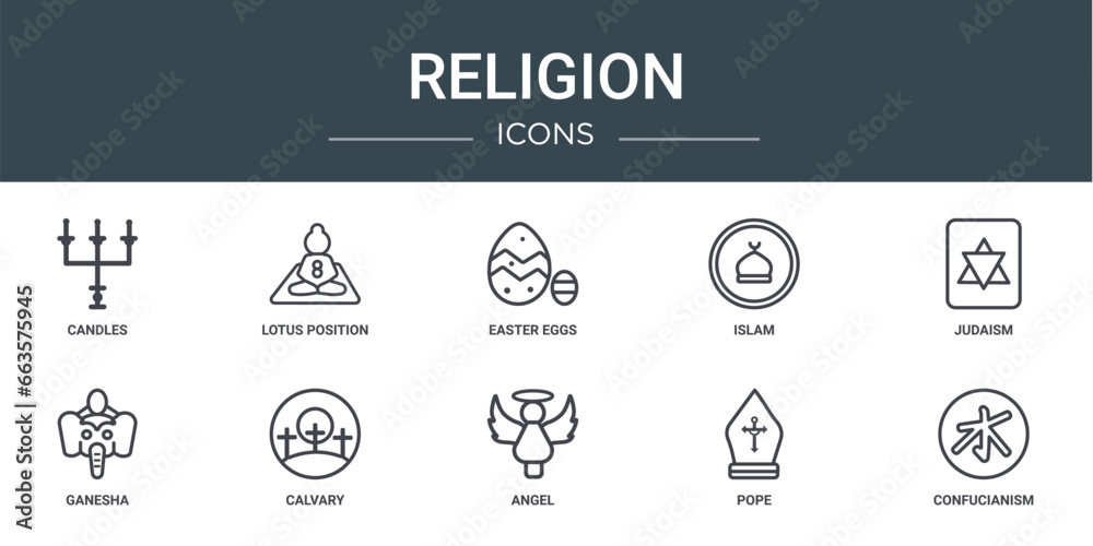 set of 10 outline web religion icons such as candles, lotus position, easter eggs, islam, judaism, ganesha, calvary vector icons for report, presentation, diagram, web design, mobile app