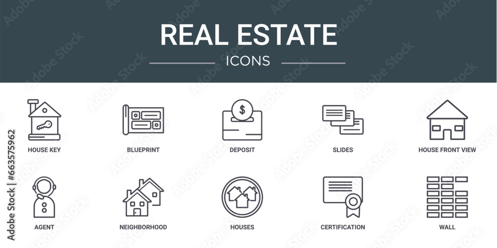 set of 10 outline web real estate icons such as house key, blueprint, deposit, slides, house front view, agent, neighborhood vector icons for report, presentation, diagram, web design, mobile app