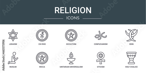 set of 10 outline web religion icons such as judaism, chi rho, occultism, confucianism, odin, muslim, wicca vector icons for report, presentation, diagram, web design, mobile app