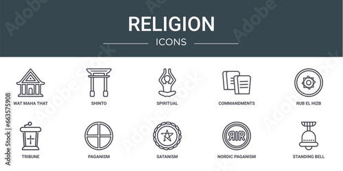 set of 10 outline web religion icons such as wat maha that, shinto, spiritual, commandments, rub el hizb, tribune, paganism vector icons for report, presentation, diagram, web design, mobile app