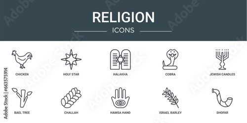 set of 10 outline web religion icons such as chicken, holy star, halakha, cobra, jewish candles, bael tree, challah vector icons for report, presentation, diagram, web design, mobile app