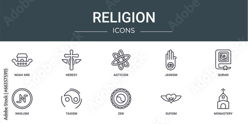 set of 10 outline web religion icons such as noah ark, heresy, agticism, jainism, quran, nihilism, taoism vector icons for report, presentation, diagram, web design, mobile app