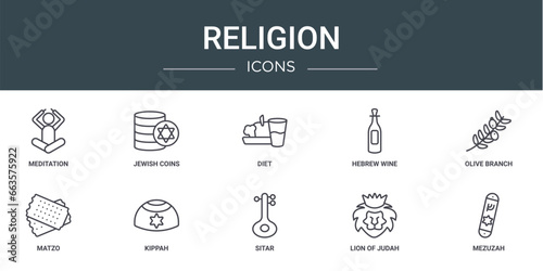 set of 10 outline web religion icons such as meditation, jewish coins, diet, hebrew wine, olive branch, matzo, kippah vector icons for report, presentation, diagram, web design, mobile app