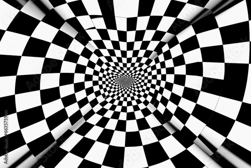 Optical illusion, distorted checkered print black and white background