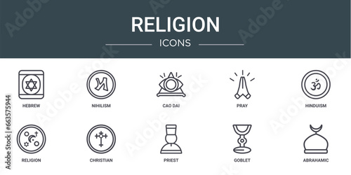 set of 10 outline web religion icons such as hebrew, nihilism, cao dai, pray, hinduism, religion, christian vector icons for report, presentation, diagram, web design, mobile app
