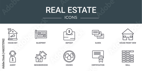 set of 10 outline web real estate icons such as house key, blueprint, deposit, slides, house front view, agent, neighborhood vector icons for report, presentation, diagram, web design, mobile app