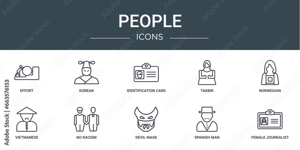 set of 10 outline web people icons such as effort, korean, identification card with picture, takbir, norwegian, vietnamese, no racism vector icons for report, presentation, diagram, web design,