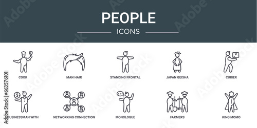 set of 10 outline web people icons such as cook, man hair, standing frontal man, japan geisha, curier, businessman with dollar money, networking connection vector icons for report, presentation,