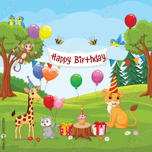Happy birthday greetings with funny animals on the nature landscape background