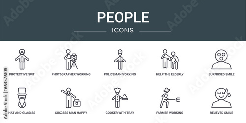 set of 10 outline web people icons such as protective suit, photographer working, policeman working, help the elderly, surprised smile, hat and glasses, success man happy vector icons for report,