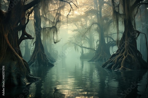 Mysterious scene of misty swamp filled with strange, contorted trees immersed in water. Generative AI photo