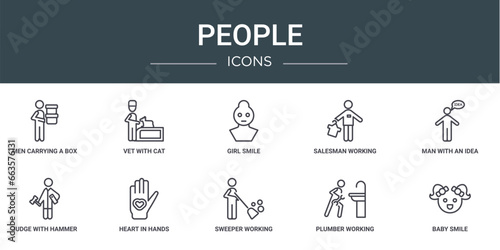 set of 10 outline web people icons such as men carrying a box, vet with cat, girl smile, salesman working, man with an idea, judge with hammer, heart in hands vector icons for report, presentation,