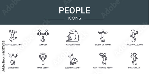 set of 10 outline web people icons such as man celebrating, complex, waves danger, biceps of a man, ticket collector, gangsters, male users vector icons for report, presentation, diagram, web