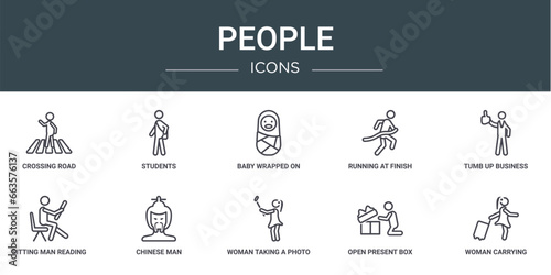 set of 10 outline web people icons such as crossing road, students, baby wrapped on swaddling clothes, running at finish line, tumb up business man, sitting man reading, chinese man vector icons for