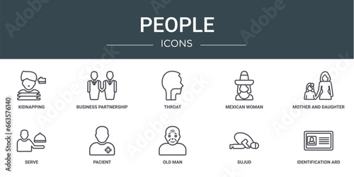 set of 10 outline web people icons such as kidnapping, business partnership, throat, mexican woman, mother and daughter, serve, pacient vector icons for report, presentation, diagram, web design,