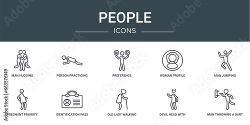 set of 10 outline web people icons such as man hugging, person practicing a strengthen posture, preference, woman profile, man jumping, pregnant priority, identification pass vector icons for