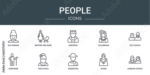 set of 10 outline web people icons such as old woman, mother and baby, emperor, colombian, old couple, shepherd, costa rica vector icons for report, presentation, diagram, web design, mobile app