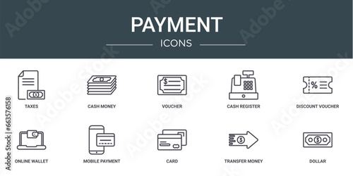 set of 10 outline web payment icons such as taxes, cash money, voucher, cash register, discount voucher, online wallet, mobile payment vector icons for report, presentation, diagram, web design,
