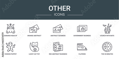 set of 10 outline web other icons such as samurai head of japan, orange abstract business card, abstract business card, government business card, church with bats, voodoo puppet, lucky cat toy