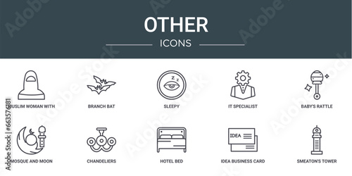 set of 10 outline web other icons such as muslim woman with hijab, branch bat, sleepy, it specialist, baby's rattle, mosque and moon, chandeliers vector icons for report, presentation, diagram, web