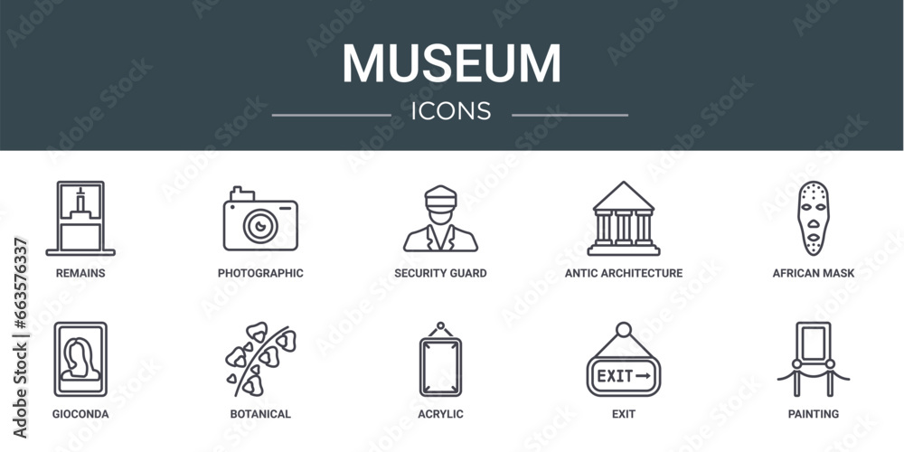 set of 10 outline web museum icons such as remains, photographic, security guard, antic architecture, african mask, gioconda, botanical vector icons for report, presentation, diagram, web design,