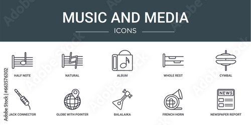 set of 10 outline web music and media icons such as half note, natural, album, whole rest, cymbal, jack connector, globe with pointer vector icons for report, presentation, diagram, web design,