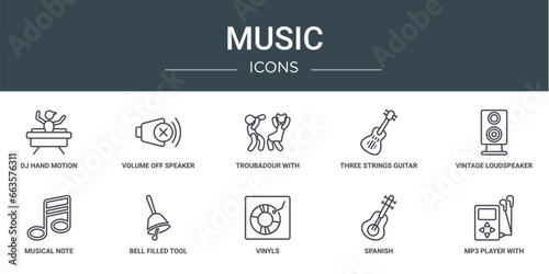 set of 10 outline web music icons such as dj hand motion, volume off speaker, troubadour with kids, three strings guitar, vintage loudspeaker, musical note, bell filled tool vector icons for report,