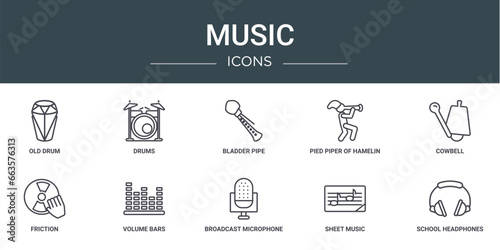 set of 10 outline web music icons such as old drum, drums, bladder pipe, pied piper of hamelin, cowbell, friction, volume bars vector icons for report, presentation, diagram, web design, mobile app