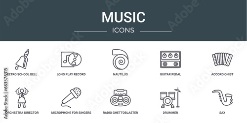 set of 10 outline web music icons such as retro school bell, long play record cover, nautilus, guitar pedal, accordionist, orchestra director, microphone for singers vector icons for report,