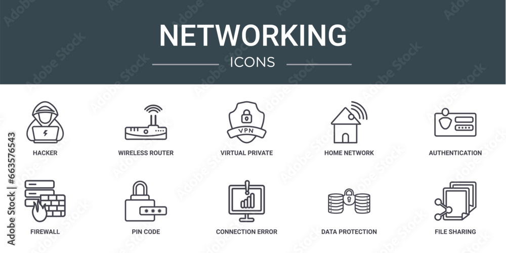 set of 10 outline web networking icons such as hacker, wireless router, virtual private network, home network, authentication, firewall, pin code vector icons for report, presentation, diagram, web