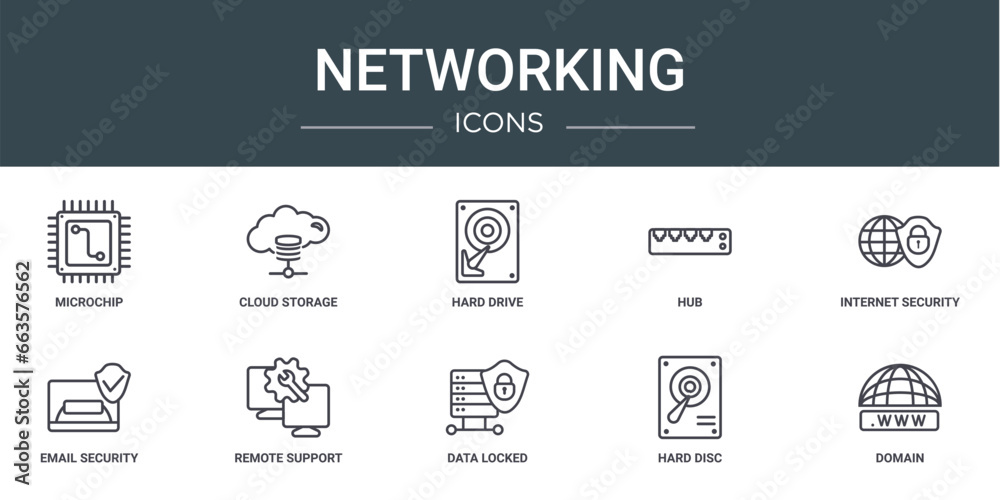 set of 10 outline web networking icons such as microchip, cloud storage, hard drive, hub, internet security, email security, remote support vector icons for report, presentation, diagram, web